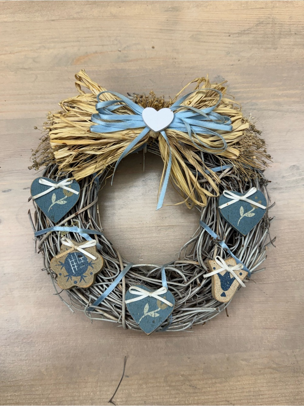 Vintage Decorative Blue and Natural Heart Wreath - Home Holiday